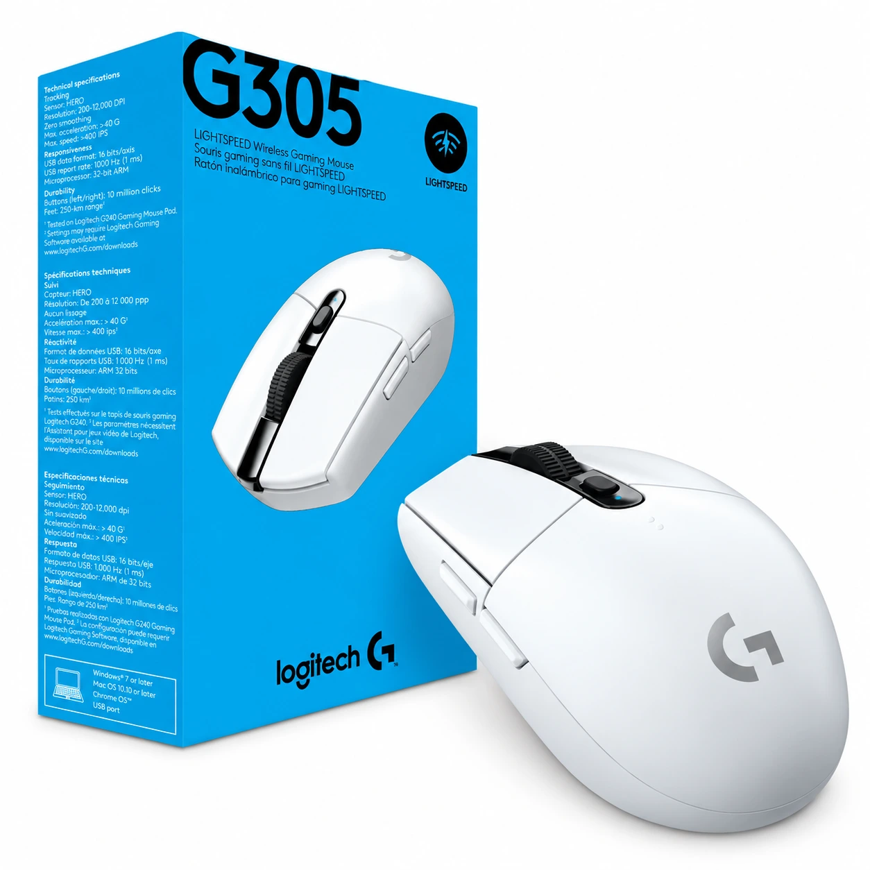Mouse inalambrico LOGITECH G305 blanco con su caja