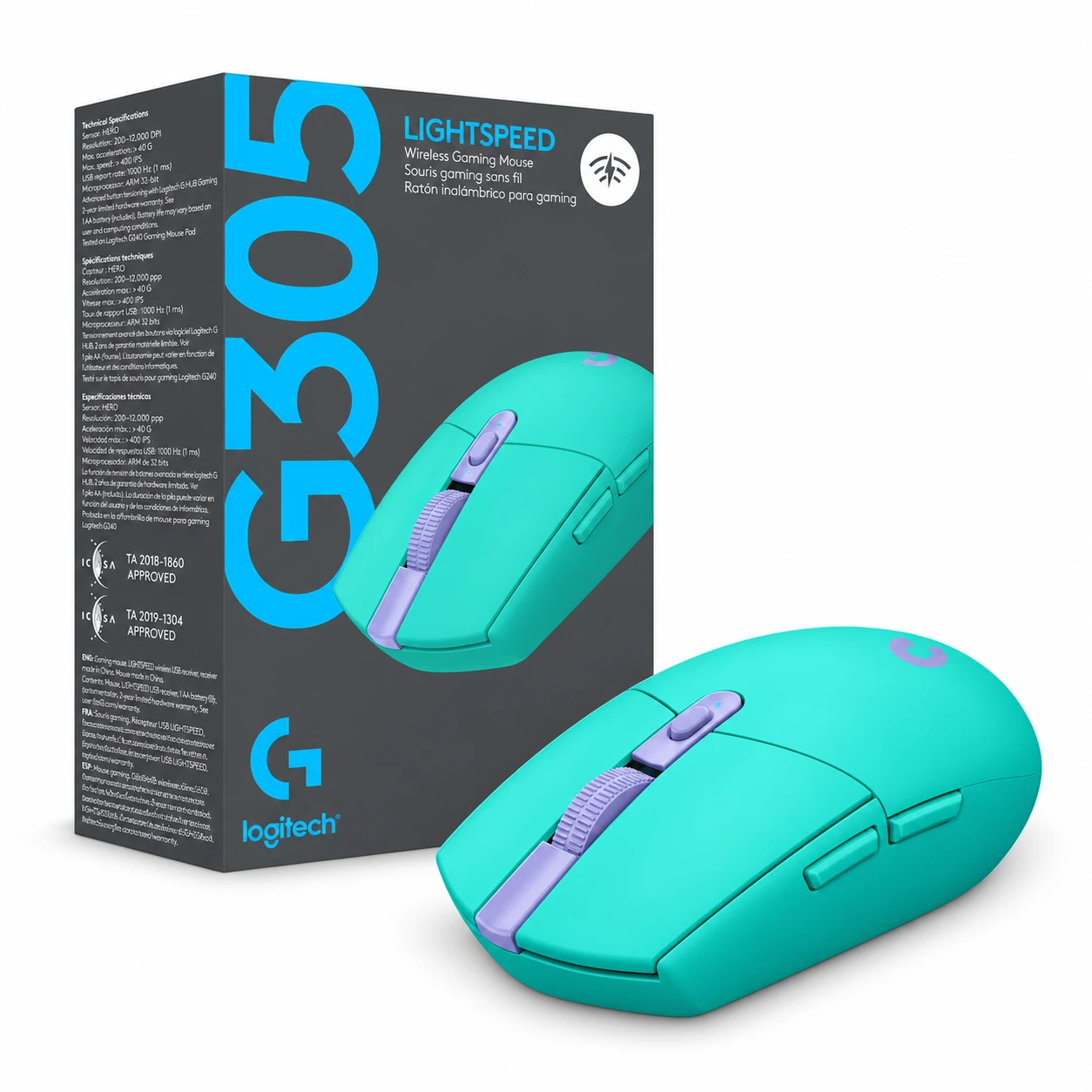 Mouse inalambrico LOGITECH G305 mint con su caja