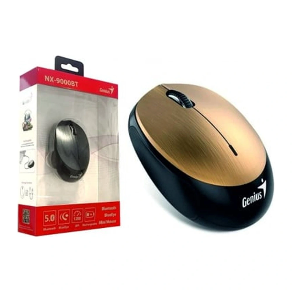 Mouse inalámbrico Genius NX-9000 Bluetooth dorado con su empaque