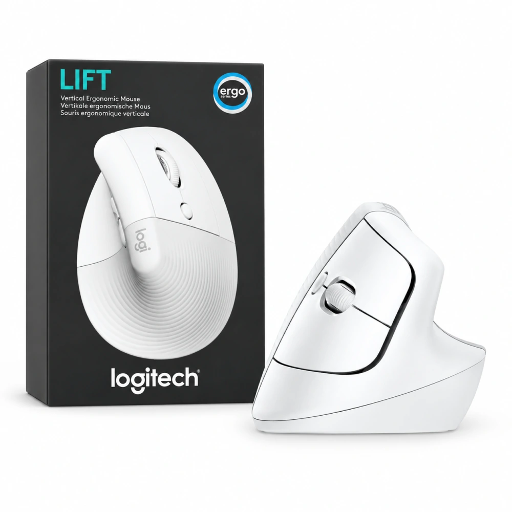 Mouse inalámbrico Logitech Lift Vertical ergonómico blanco con su empaque