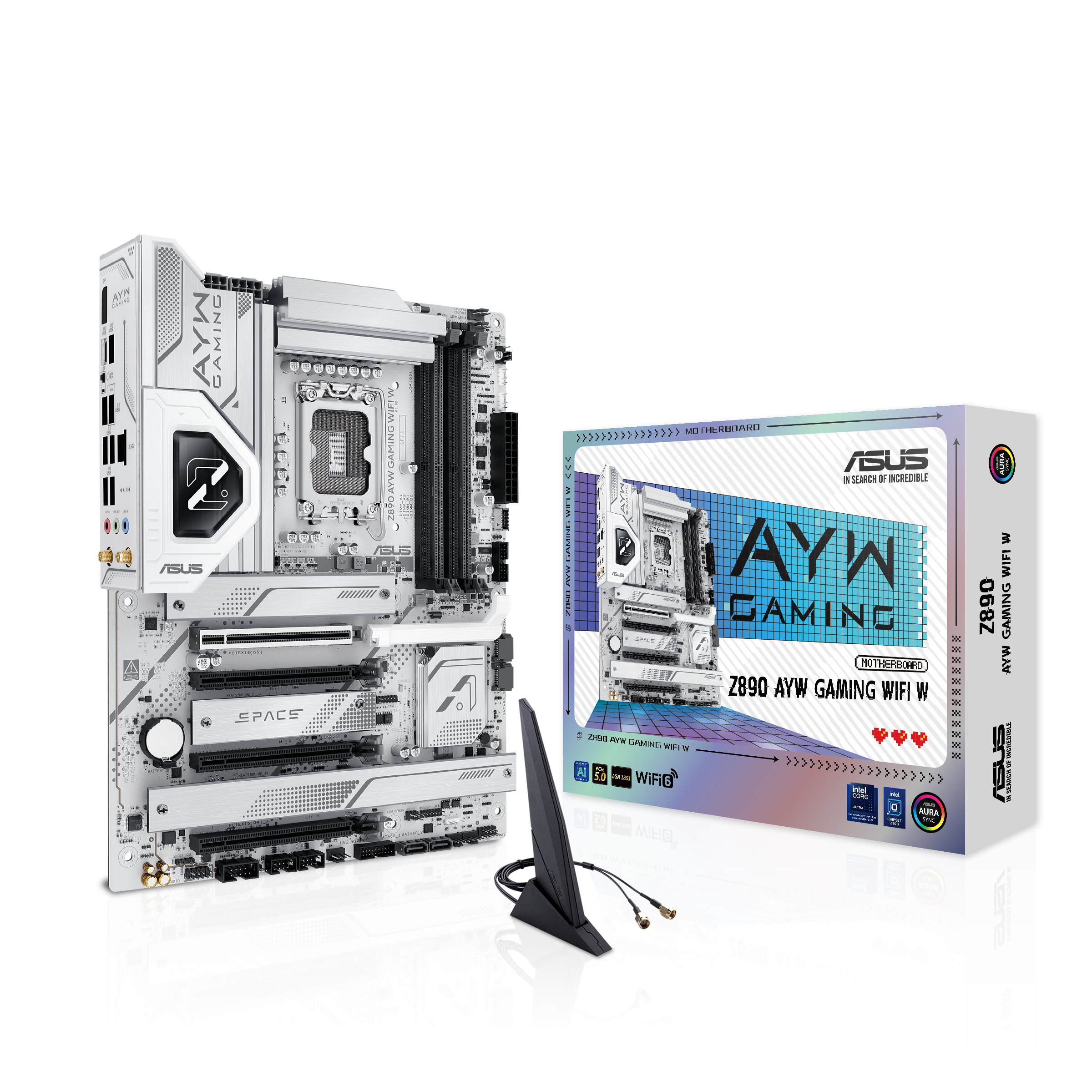 ASUS Z890 AYW Gaming WiFi W blanca con su caja y antena WiFi