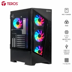 Gabinete Teros TE-1330G Mid Tower ARGB 4 Fans con ventiladores RGB encendidos