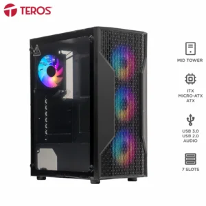 Gabinete Teros TE-1332G Mid Tower RGB 4 Fans con ventiladores RGB encendidos