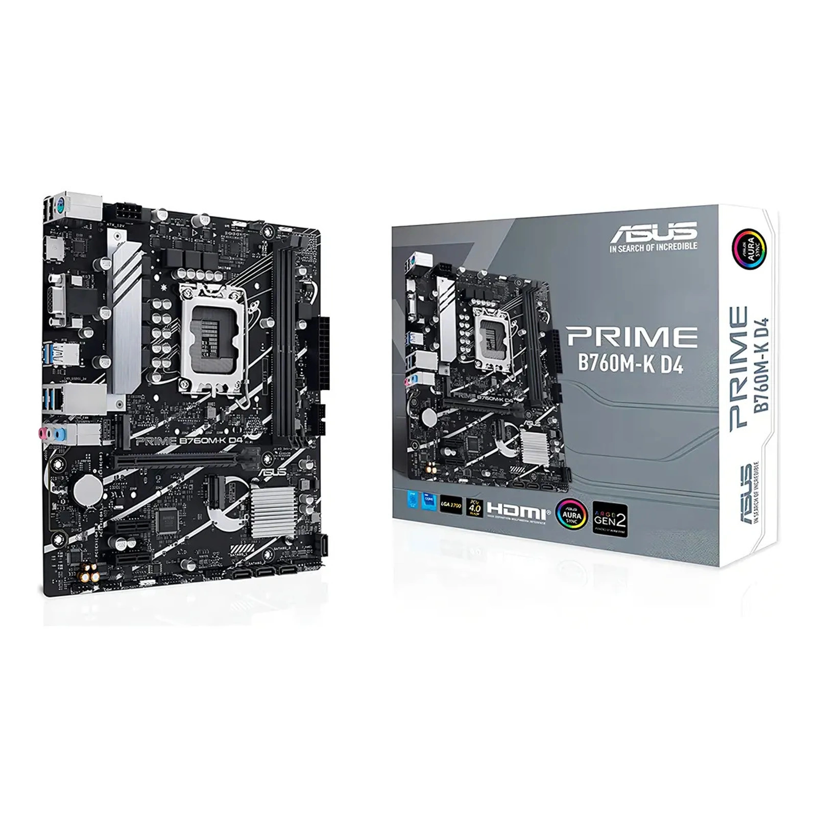 Motherboard ASUS Prime B760M-K D4 DDR4 LGA1700 junto a su caja